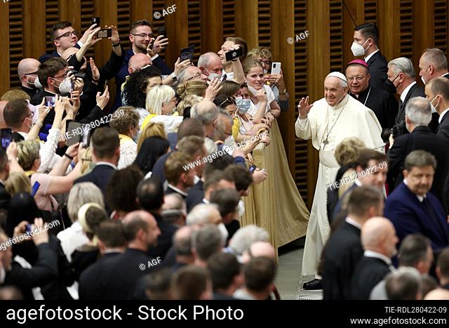 Pope Francis the audience with participants in the Archdiocese of Lodz (Poland) pilgrimage in Paul VI Hall at the Vatican. 28 Apr 2022