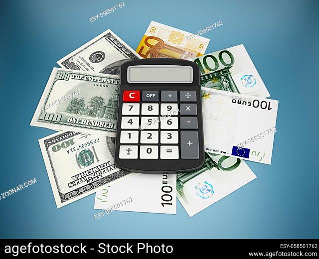 Calculator, dollar and euro bills on gray surface
