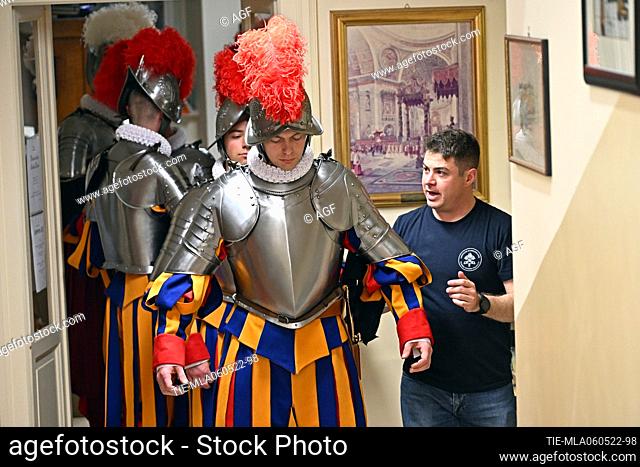 A new Vatican Swiss Guard is helped to put on his uniform before a swearing-in ceremony in Vatican City, 06 May 2022. The annual swearing in ceremony for the...
