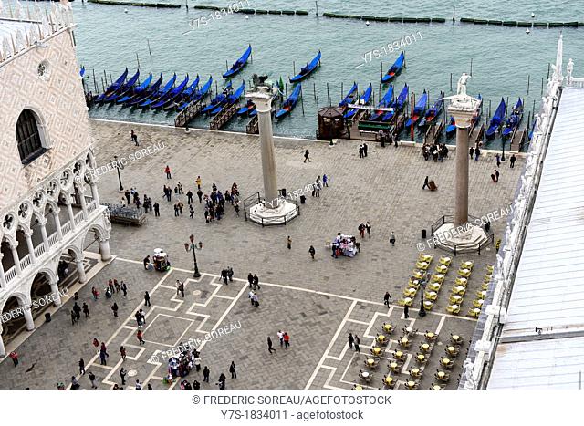 St Mark's square with the 2 columns with the Lion and St  Todaro in Venice, Italy, Europe