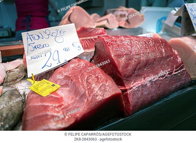 Almadraba Red Tuna piece in a market of Cadiz. Atlantic and mediterranean tuna