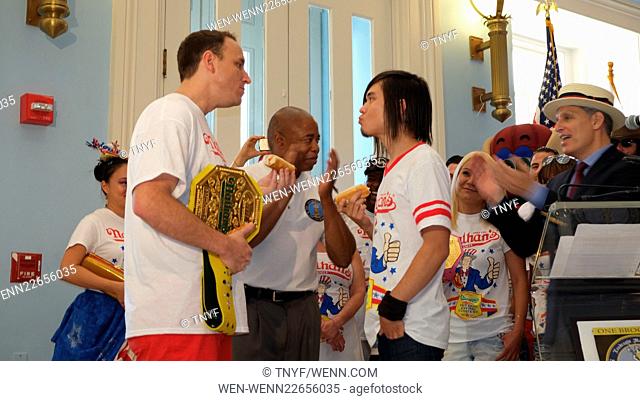 Nathan's Famous International Hot Dog Eating Contest press conference and photo call Featuring: Matt Stonie, Joey Chestnut, Michelle Lesco, Miki Sudo