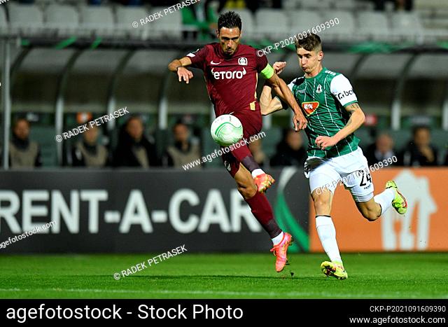 From left Camora of Cluj, Dominik Plestil of Jablonec in action during the Football European Conference League, Group D, 1st round match: FK Jablonec vs CFR...