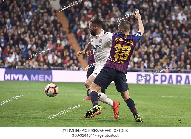 Jordi Alba (defender; Barcelona), Daniel Carvajal (defender; Real Madrid) in action during La Liga match between Real Madrid and FC Barcelona at Santiago...