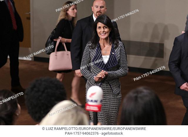 United Nations, New York, USA, August 29 2017 - Nikki R. Haley, United States Permanent Representative to the UN, speaks to journalists about DPRK missile...