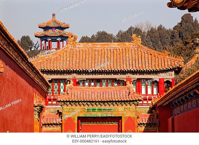 Stone Gate Yellow Roofs Gugong, Forbidden City Roof Figures Decorations Emperor's Palace Jinshang Park Beijing China  Built in the 1400s in the Ming Dynasty...