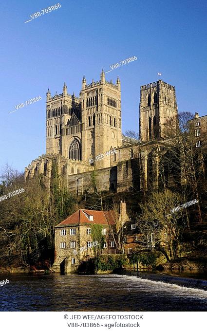 Durham Cathedral in winter sunshine, overlooking the Fulling Mill along the River Wear, Durham City, County Durham, England
