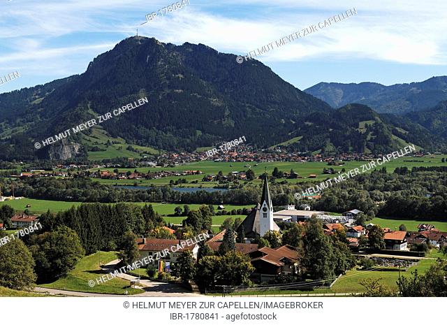 Bihlerdorf village, in the back Burgberg village and Mt. Gruenten, Bihlerdorf, Allgaeu, Bavaria, Germany, Europe