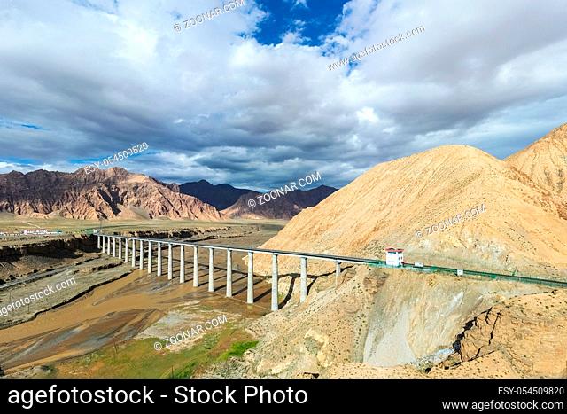 qinghai-tibet railway of china, aerial view of railroad bridge on golmud river