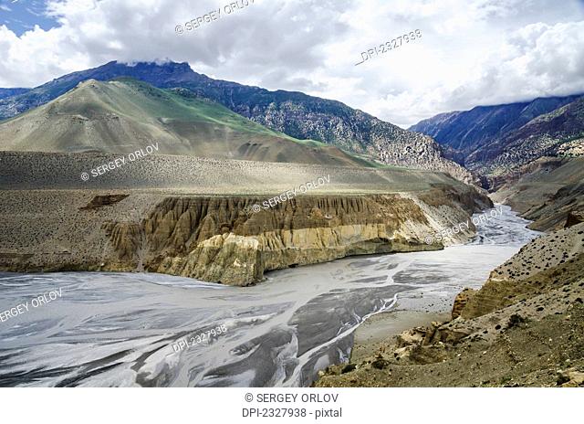Wide angle view of kali gandaki riverbed;Upper mustang nepal
