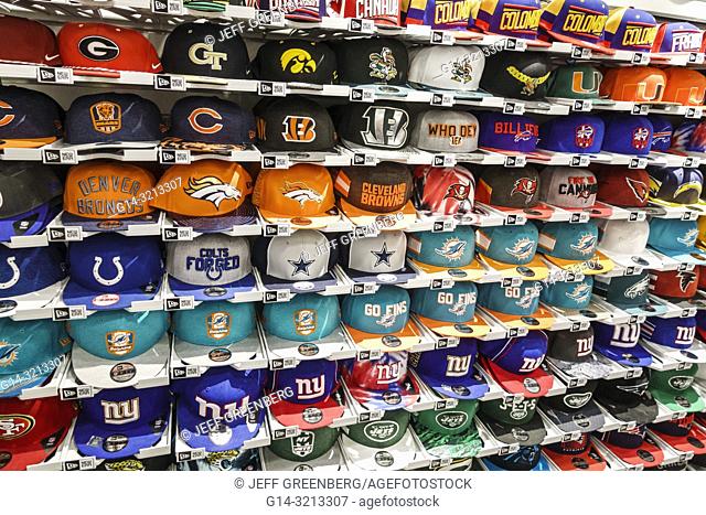 Florida, Fort Ft. Lauderdale, Sunrise, Sawgrass Mills Mall, shopping, Globall Sports New Era, teams team hats caps, display sale