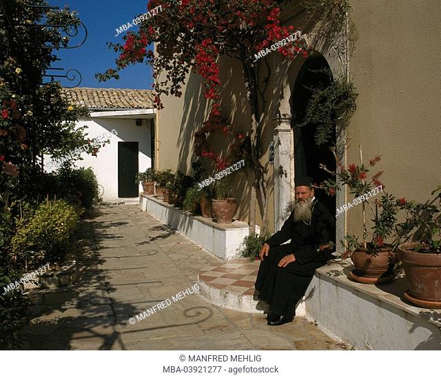Greece, island Corfu, Paleokastritsa Moni Panagia Theotokos minister belief, culture, cloister-installation, way, cloister, orthodox, entrance, access, court