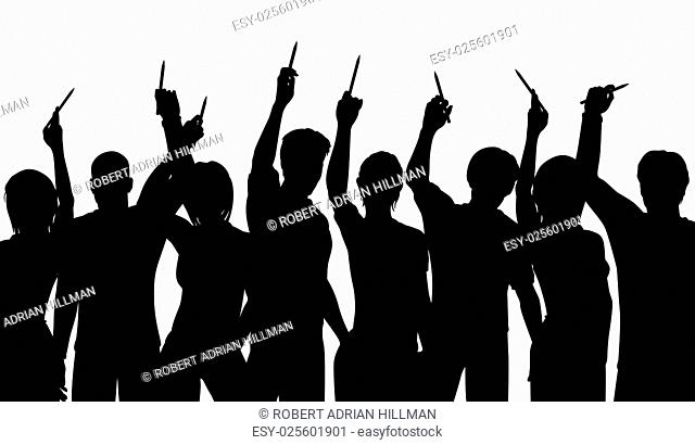 Editable vector silhouettes of people holding up pencils in support of freedom of expression with all figures as separate objects