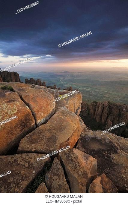 View of Great Karoo from Valley of Desolation at sunset, Graaff Reinet, Eastern Cape Province, South Africa