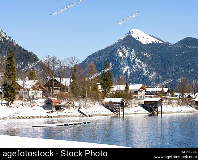 Village Walchensee at lake Walchensee in the snowy bavarian Alps. Europe Germany, Bavaria