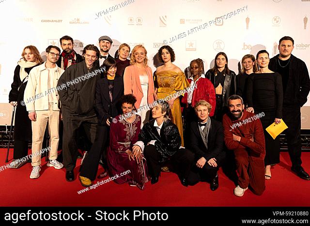 Cast of Roomies pictured during the award ceremony of the 'Ensors' Flemish film prizes at the 'Film Festival Oostende', Saturday 04 February 2023, in Oostende