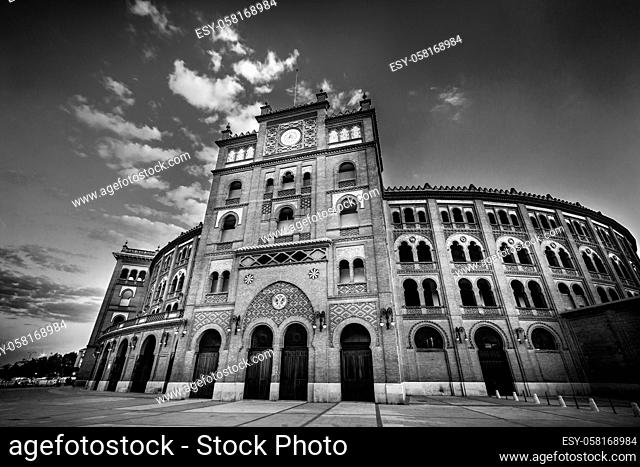 Black and white image of Bullring in Madrid, Las Ventas, situated at Plaza de torros. It is the bigest bullring in Spain
