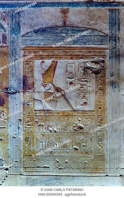 Abydos, Egypt, the mortuary temple of pharaoh Seti I, Menmaatra, (XIX° dyn. 1321-1186 B.C.) . A sacred naos of Horus