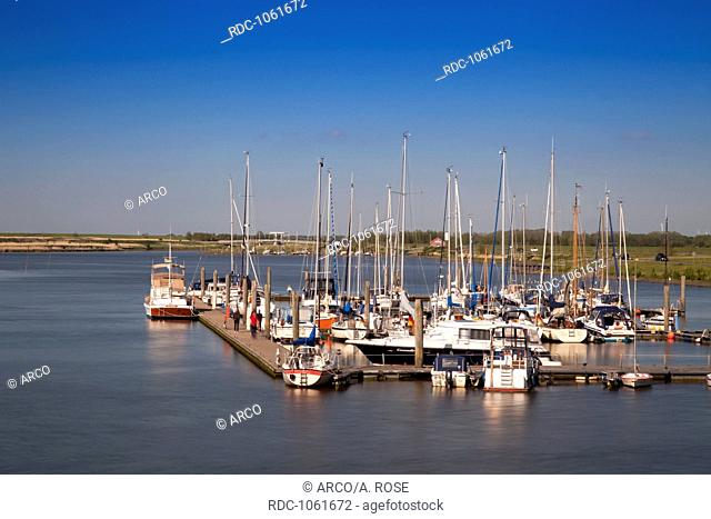 Sailboats in the harbor, Greetsiel, Leybucht, Krummhoern, East Frisia, Lower Saxony, Germany, Europe