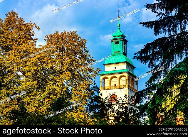 Zywiec, Poland - August 30, 2020: Main tower of Cathedral of Nativity of Blessed Virgin Mary in Zywiec historic city center in Silesia region of Poland