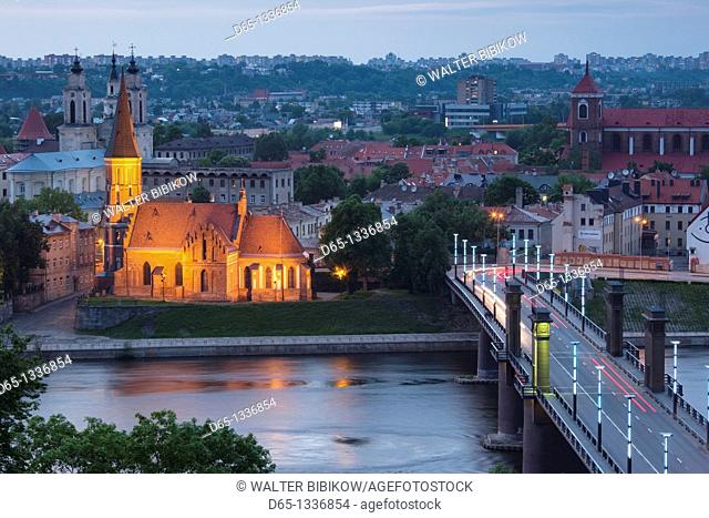 Lithuania, Central Lithuania, Kaunas, elevated view of Vytautas Church and Aleksoto tiltas bridge, dusk