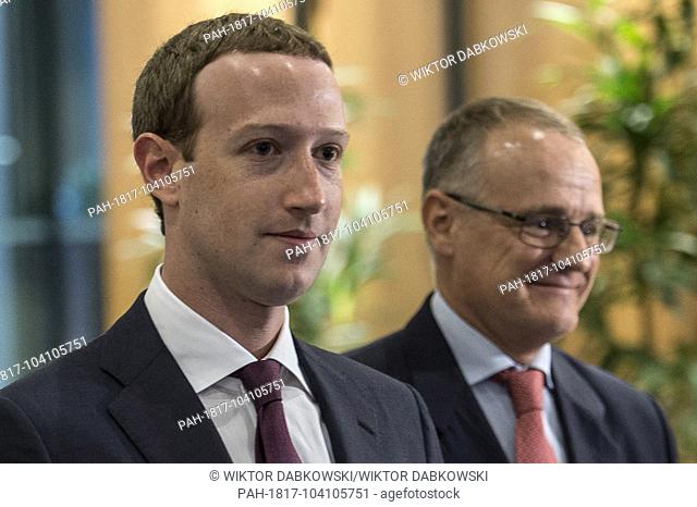 The founder and CEO of Facebook, Mark Zuckerberg shake hands with Antonio Tajani, President of European Parliament before the hearing at Parliament headquarters...