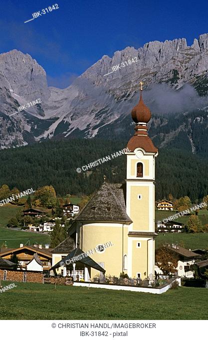 Baroque church of Going behind the mountain range of the Wilder Kaiser Tyrol Austria