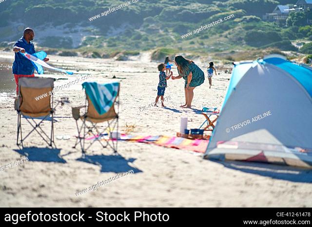 Family playing with kite and pinwheel on sunny beach