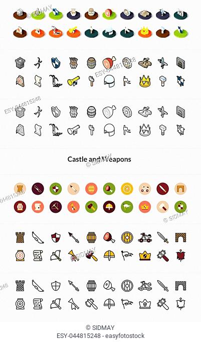 Set of icons in different style - isometric flat and otline, colored and black versions, vector symbols - Castle and weapons collection