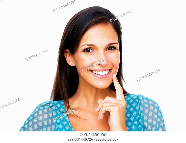 Smiling woman holding finger to chin