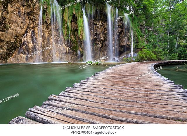 Plitvice National park, Croatia. A catwalk and waterfalls into the park