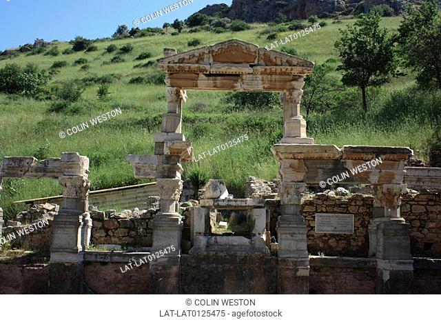The Trajan fountain is one of the ancient Roman sites at Ephesus, in the Temple of Hadrian