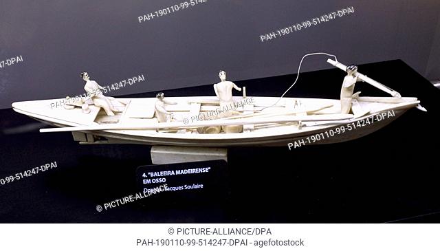 17 November 2018, Portugal, Funchal / Canical: A historic whaling boat made of whale bones is exhibited as a small model in the whaling museum in Canial on the...