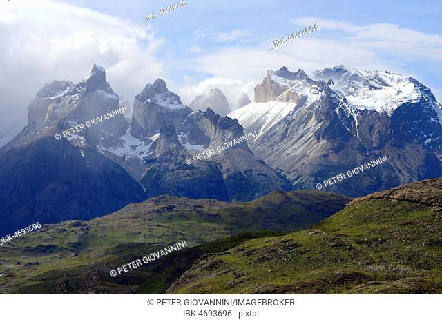 Cuernos del Paine massif with clouds, Torres del Paine National Park, Última Esperanza Province, Chile