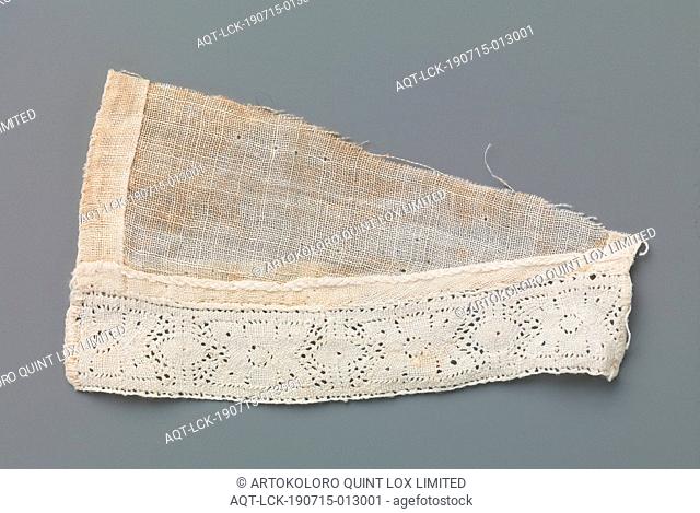 Strip of bobbin lace with stylized flower between two vertical lines and ovals on a triangular fragment of linen batist, Strip of natural-colored bobbin lace