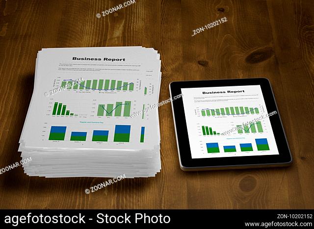 3d illustration tablet and business report on table