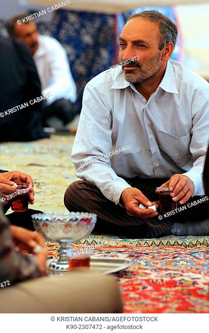 Nomadic man sitting on a carpet during a wedding ceremony holding a cup of tea, Zagros mountains, Central Iran, Asia