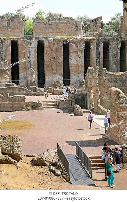 Tivoli, Italy - April 21, 2014: Ancient ruins of Hadrian's Villa (Villa Adriana in Italian) is a large Roman archaeological complex at Tivoli, Italy in April 21