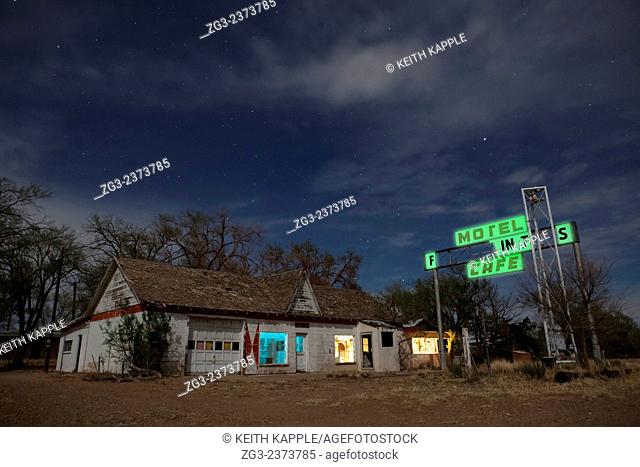 Abandoned Old retro gas station at night, west Texas, USA