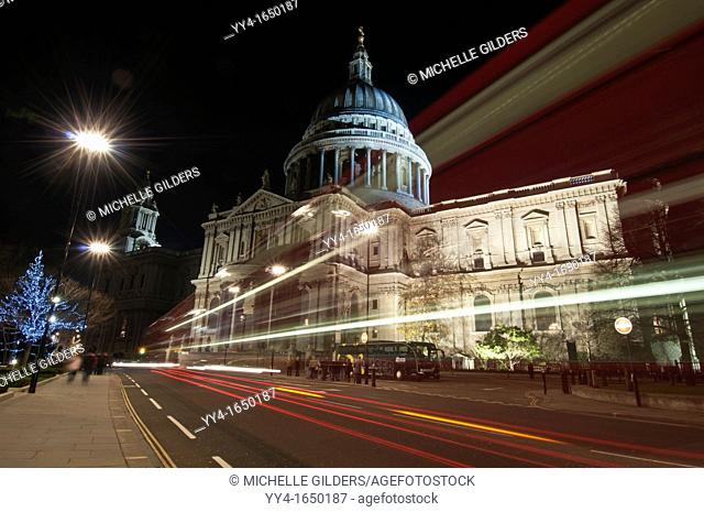St  Paul's Cathedral, motion blur lights at night, from the south, London, United Kingdom