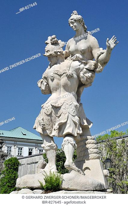 Sculpture of a man and woman by Ottavio Mosto dated 1690, scene from Greek mythology, Mirabellgarten or Mirabell Gardens, Salzburg, Austria, Europe