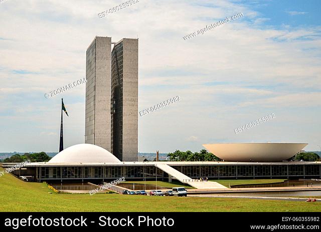 Brasília, Distrito Federal, Brazil, October 25 -2014: National Congress, located in the Plaza of the Three Powers, work of the architect Oscar Niemeyer