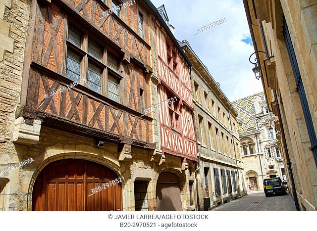 Traditional timber-frame Tudor style buildings, Rue Porte aux Lions, Hotel Aubriot, Dijon, Côte d'Or, Burgundy Region, Bourgogne, France, Europe