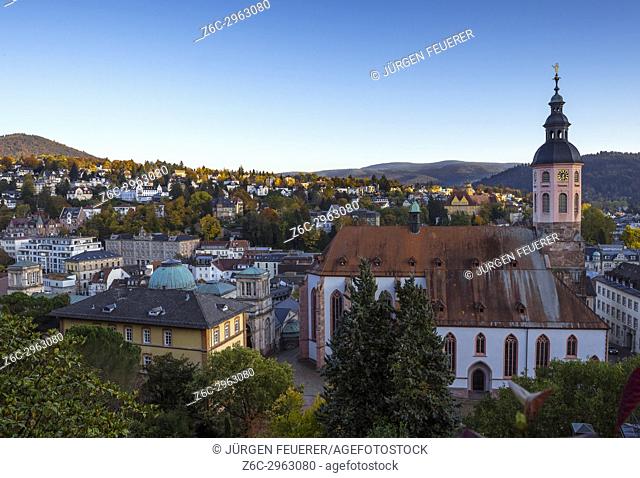 the Friedrichsbad and the Stiftskirche, panorama view over the town at the New Castle, spa town Baden-Baden at sunset, Germany