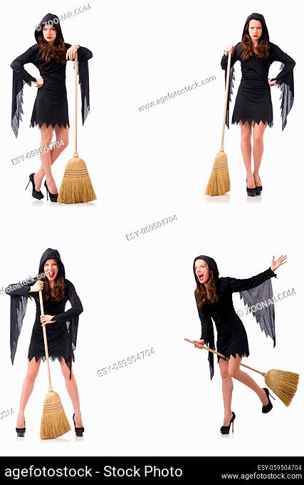 Woman with broom isolated on white