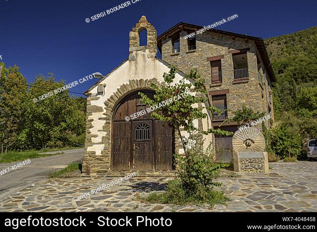 Chapel of Sant Joan de Tírvia on a summer afternoon (Pallars SobirÃ , Lleida, Catalonia, Spain, Pyrenees)