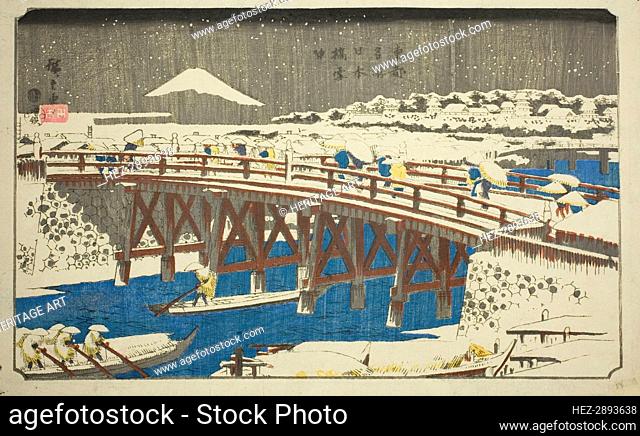Nihon Bridge in Snow (Nihonbashi setchu), from the series Famous Places in the Eastern..c.1842/44. Creator: Ando Hiroshige