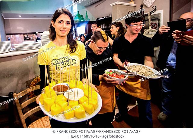 Virginia Raggi candidate Mayor of Rome during the table service at the Restaurant La locanda dei girasoli, Rome, ITALY-16-05-2016