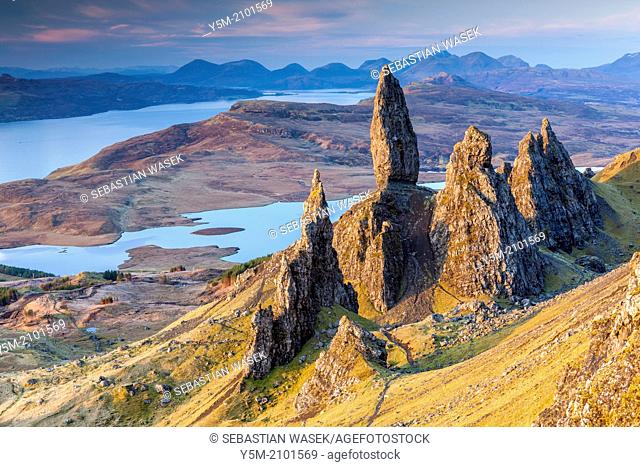 The Old Man of Storr, overlooking Loch Leathan and Sound of Raasay, Isle of Skye, Inner Hebrides, Scotland, UK, Europe
