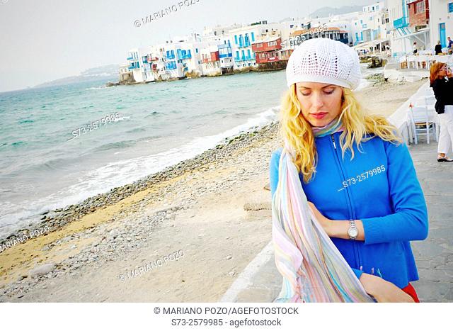 30 years old woman in Little Venice, Mykonos, Cyclades Islands, Greece